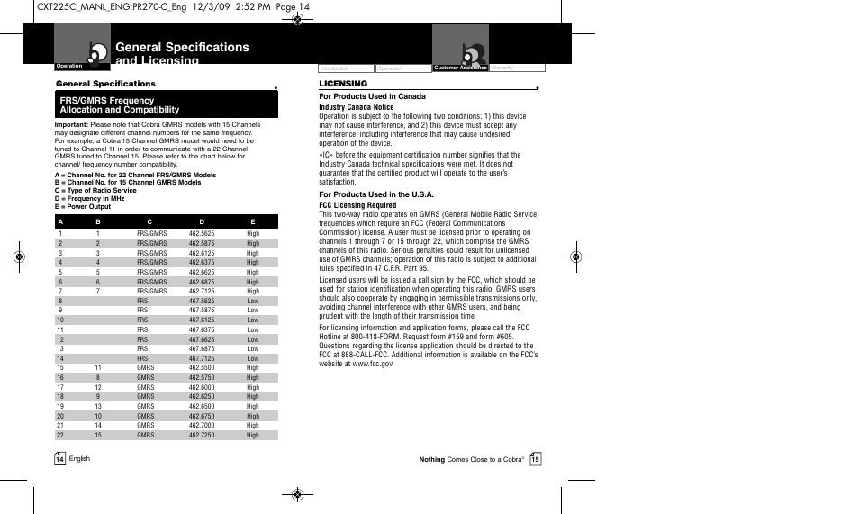 General specifications and licensing | Cobra Electronics MICRO TALK CXT225C User Manual | Page 10 / 11