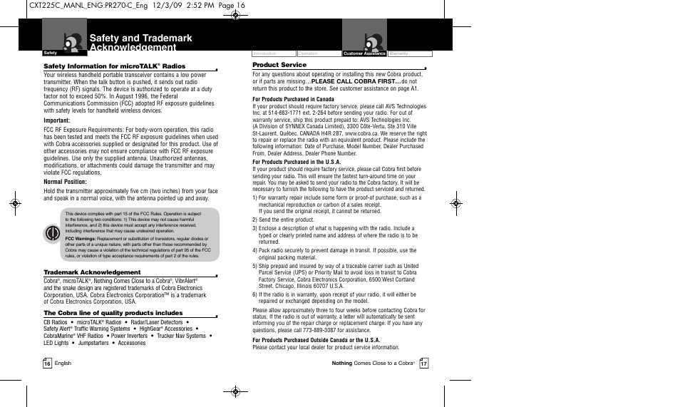 Safety and trademark acknowledgement | Cobra Electronics MICRO TALK CXT225C User Manual | Page 11 / 11