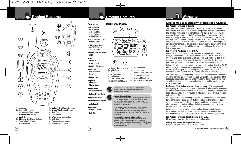 Product features, Warranty | Cobra Electronics MICRO TALK CXT225C User Manual | Page 2 / 11