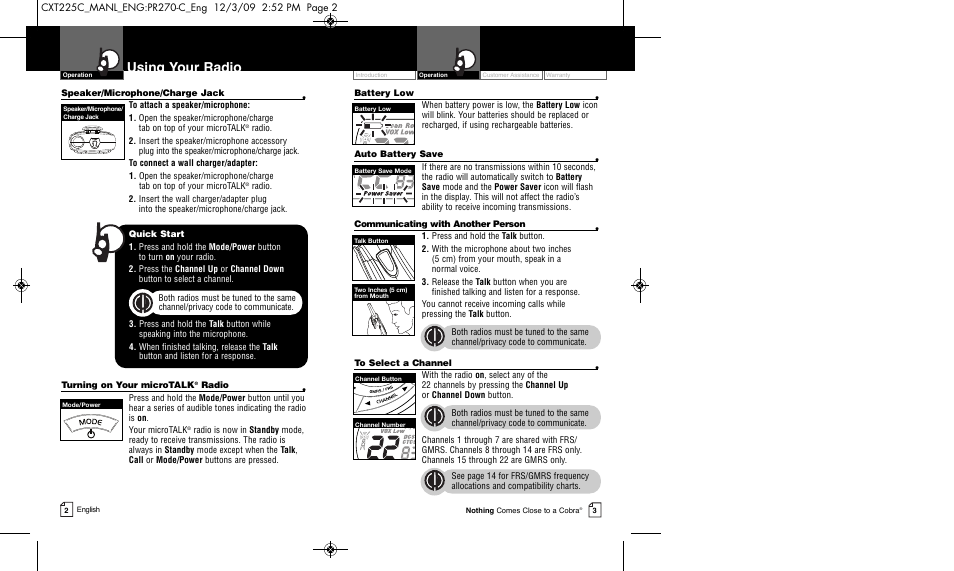 Using your radio | Cobra Electronics MICRO TALK CXT225C User Manual | Page 4 / 11