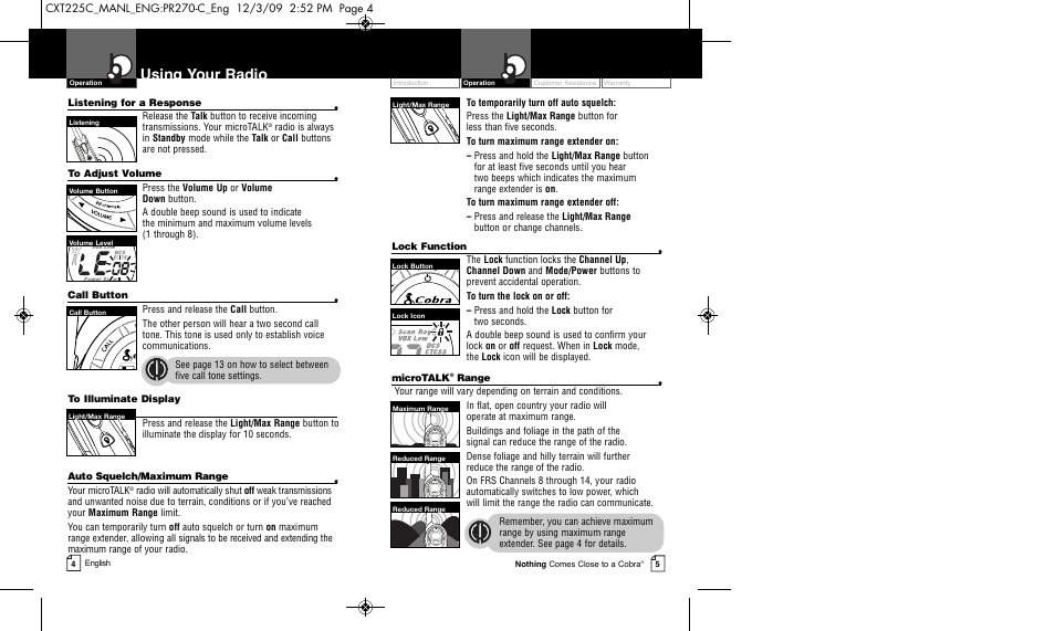 Using your radio | Cobra Electronics MICRO TALK CXT225C User Manual | Page 5 / 11