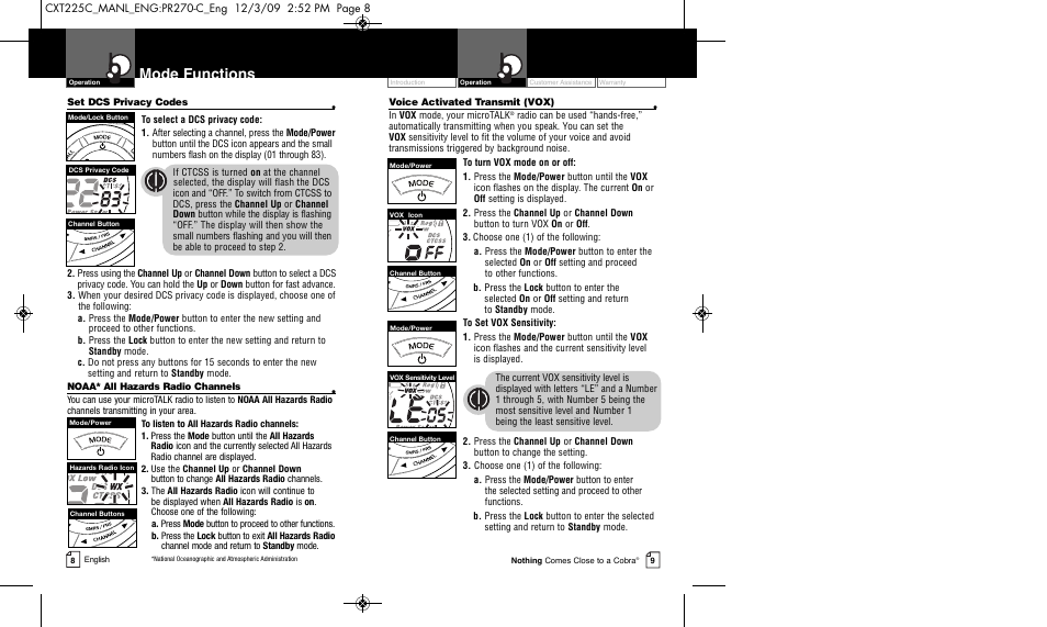 Mode functions | Cobra Electronics MICRO TALK CXT225C User Manual | Page 7 / 11