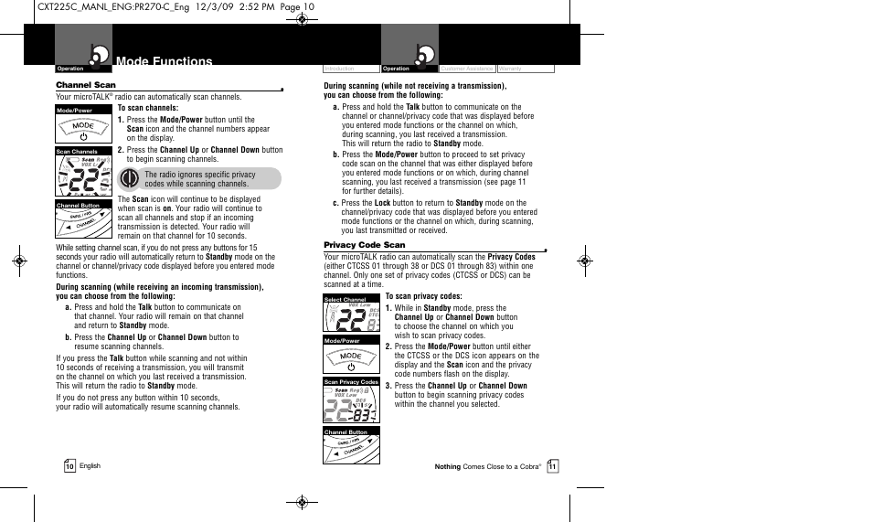 Mode functions | Cobra Electronics MICRO TALK CXT225C User Manual | Page 8 / 11