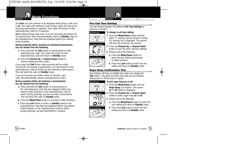 Mode functions | Cobra Electronics MICRO TALK CXT225C User Manual | Page 9 / 11