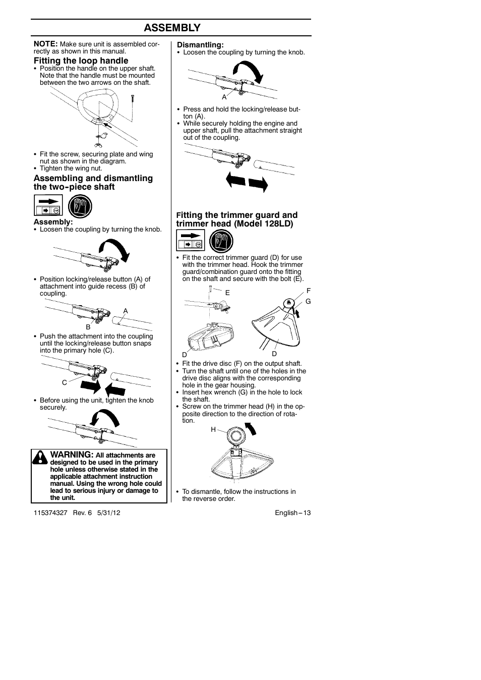 Assembly, Assembling and dismantling the two--piece shaft, Fitting the loop handle | Warning | Husqvarna 128LD User Manual | Page 13 / 71