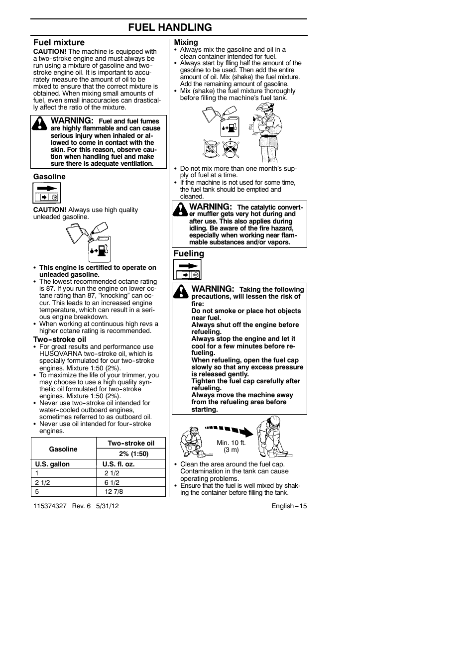 Fuel handling, Fuel mixture, Warning | Fueling warning | Husqvarna 128LD User Manual | Page 15 / 71