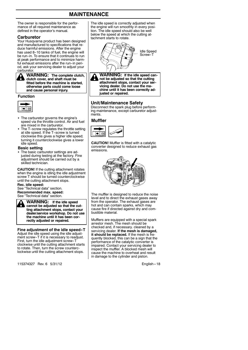 Maintenance, Carburetor, Warning | Unit/maintenance safety, Muffler | Husqvarna 128LD User Manual | Page 18 / 71