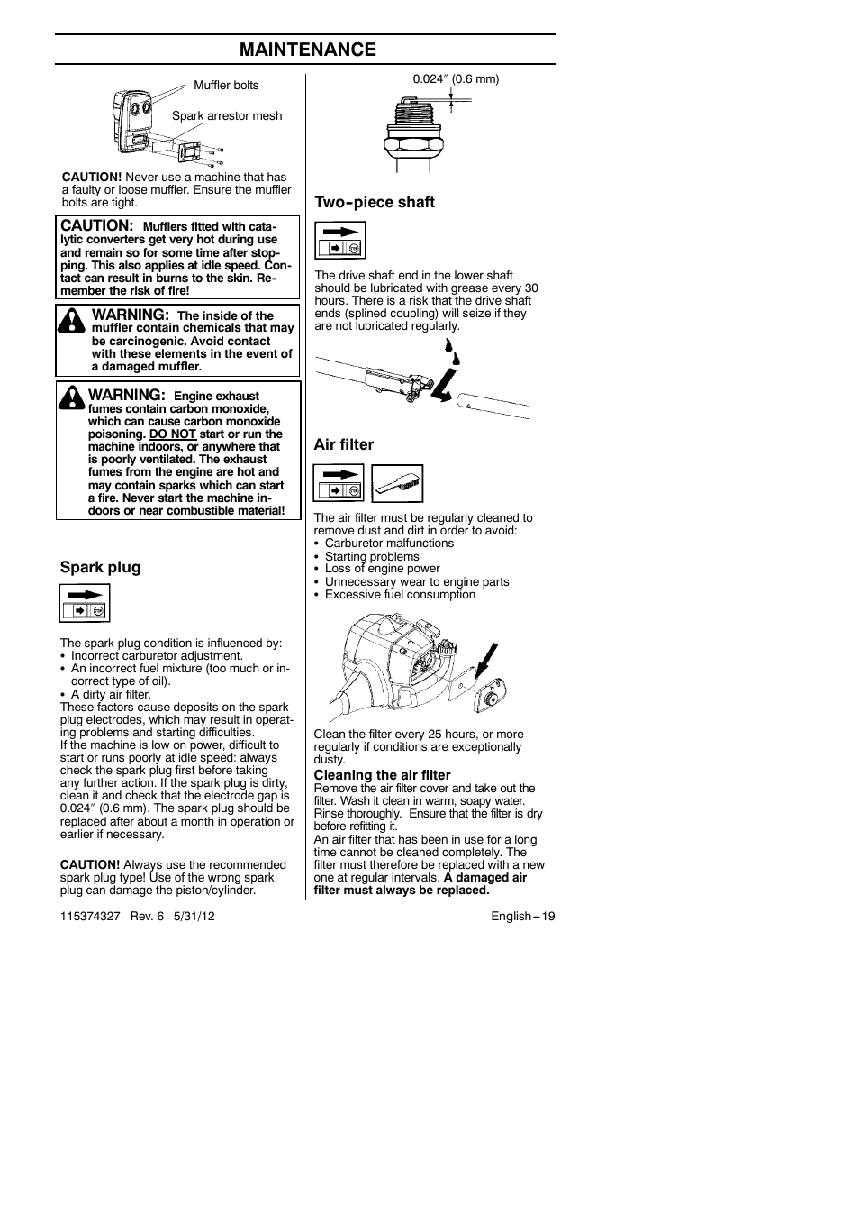 Maintenance, Two--piece shaft, Air filter | Spark plug, Warning, Caution | Husqvarna 128LD User Manual | Page 19 / 71