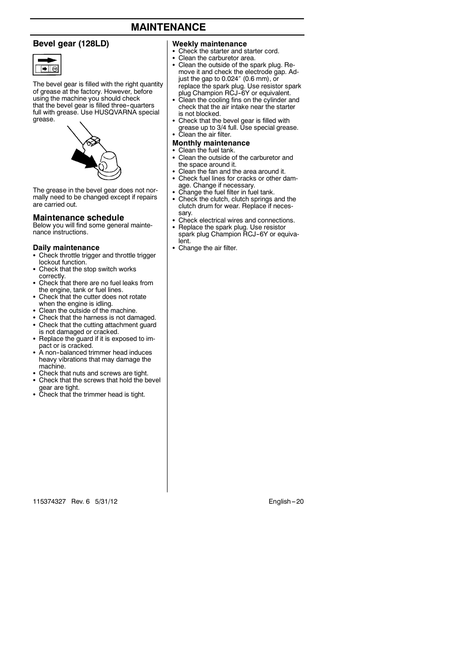 Maintenance, Maintenance schedule, Bevel gear (128ld) | Husqvarna 128LD User Manual | Page 20 / 71