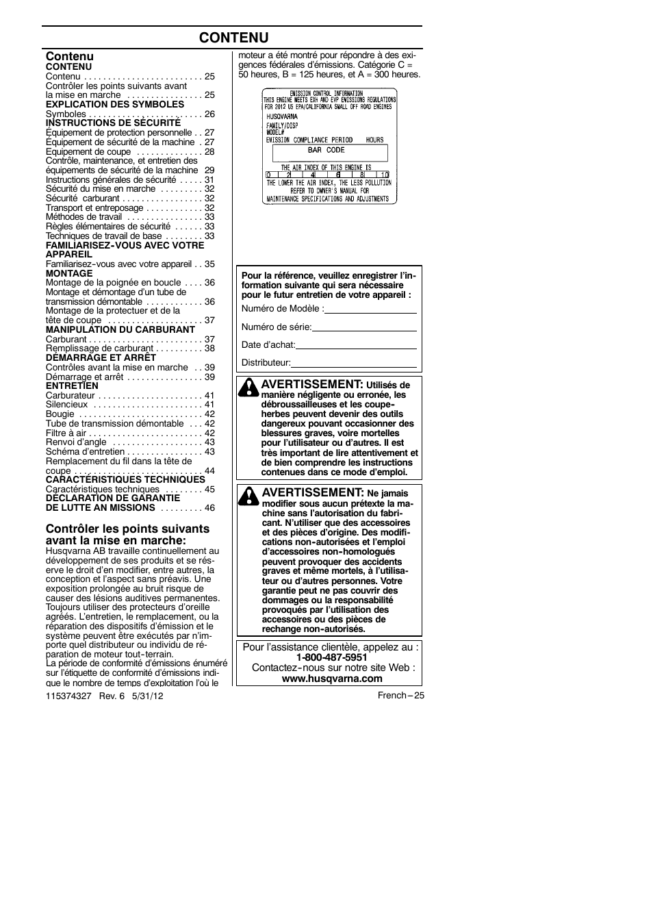Contenu, Avertissement | Husqvarna 128LD User Manual | Page 24 / 71