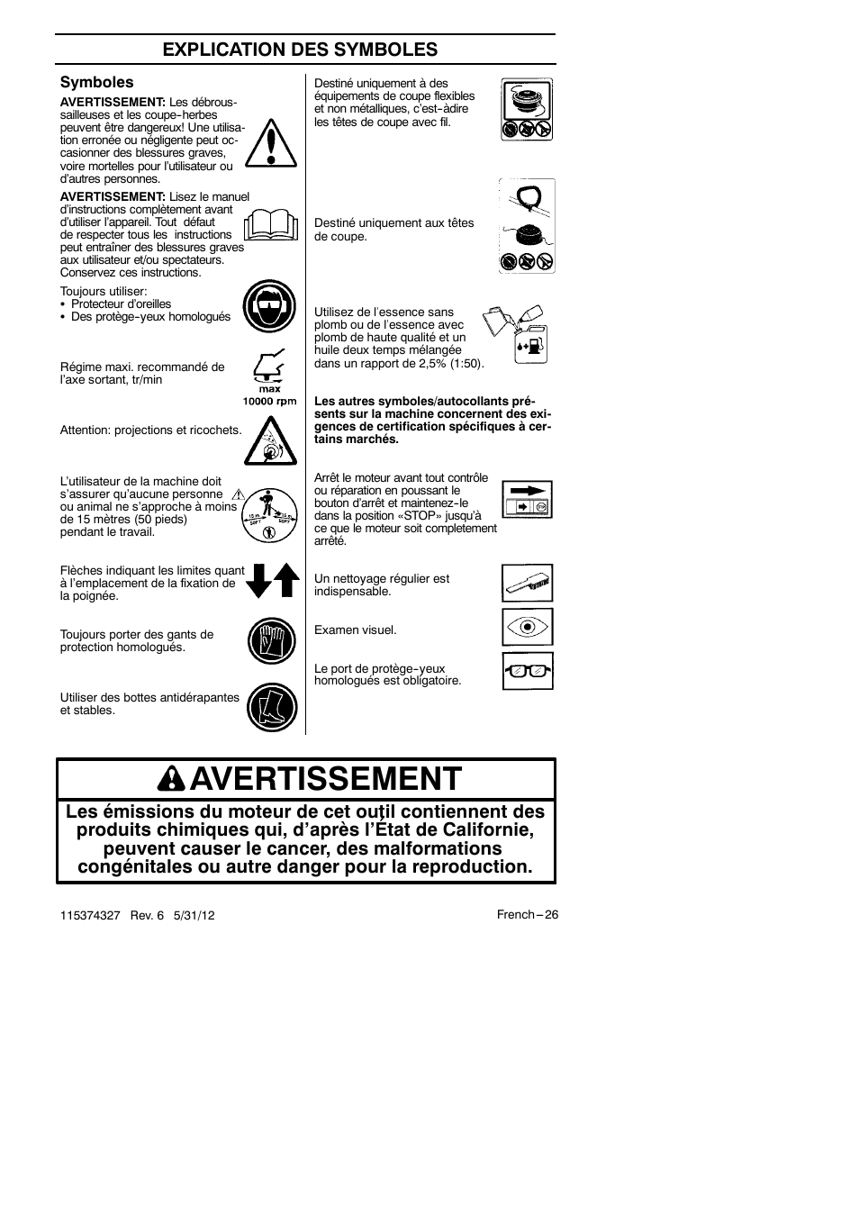 Avertissement, Explication des symboles | Husqvarna 128LD User Manual | Page 25 / 71