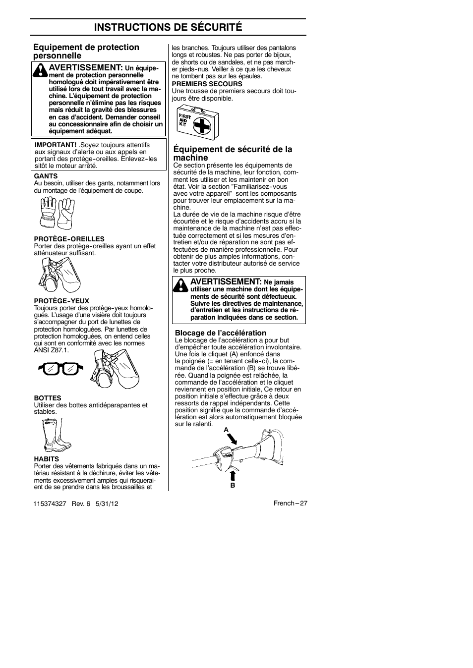 Instructions de sécurité, Équipement de protection personnelle, Avertissement | Équipement de sécurité de la machine | Husqvarna 128LD User Manual | Page 26 / 71