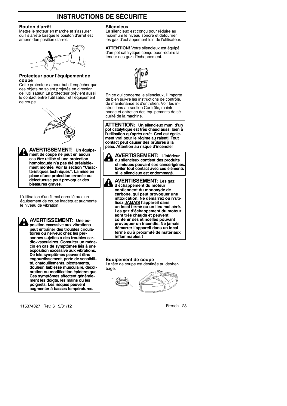 Instructions de sécurité, Avertissement, Attention | Husqvarna 128LD User Manual | Page 27 / 71