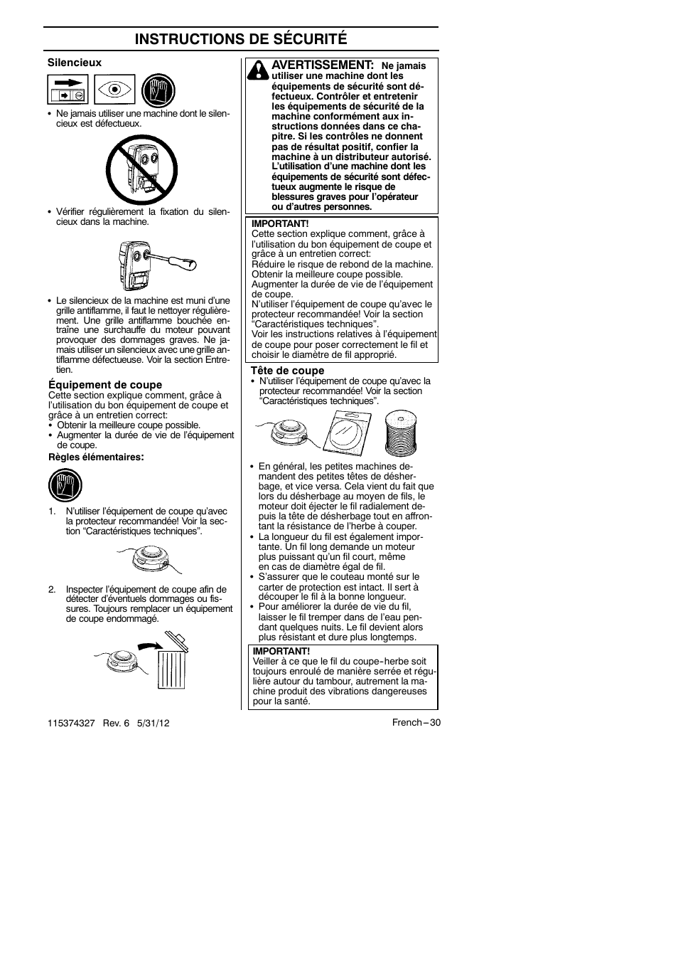 Instructions de sécurité, Avertissement | Husqvarna 128LD User Manual | Page 29 / 71