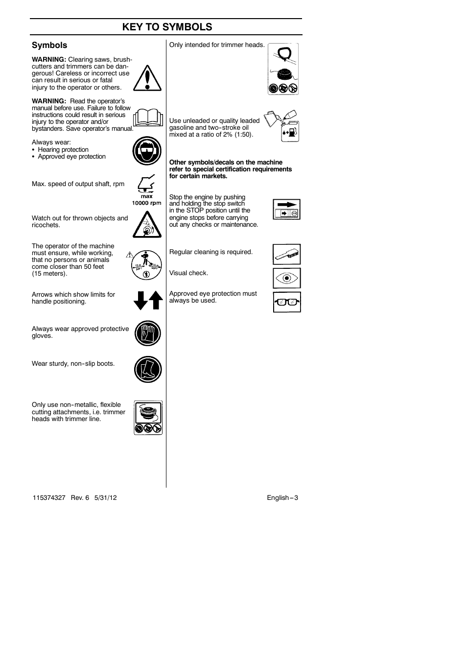 Key to symbols, Symbols | Husqvarna 128LD User Manual | Page 3 / 71