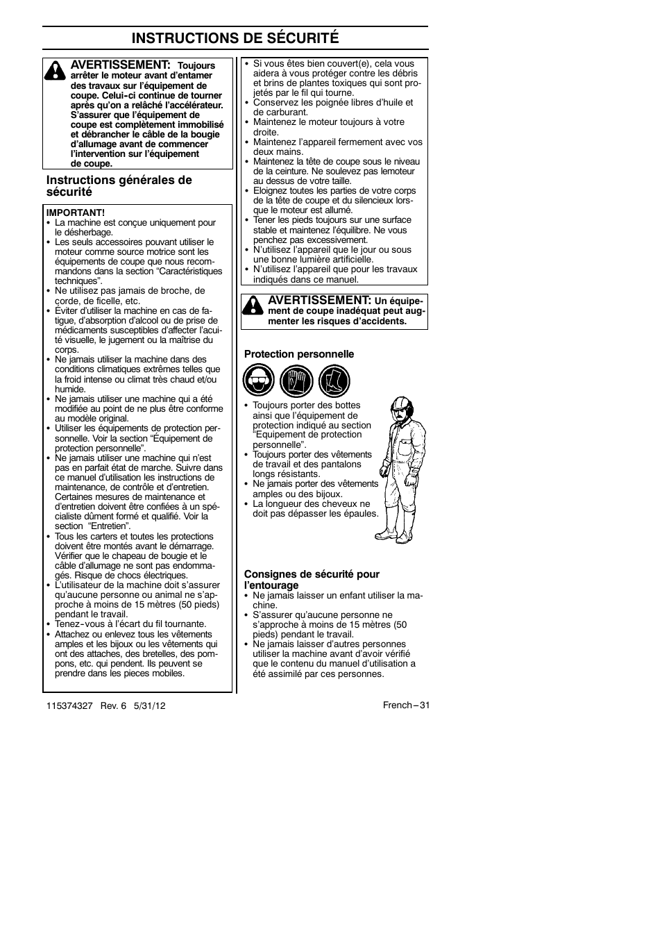 Instructions de sécurité, Instructions générales de sécurité, Avertissement | Husqvarna 128LD User Manual | Page 30 / 71