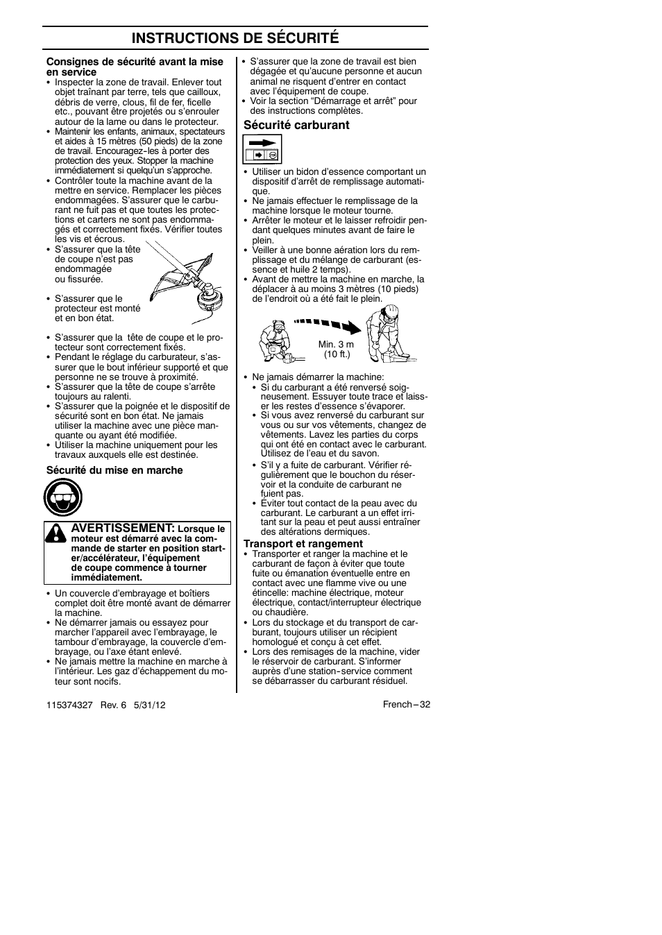 Instructions de sécurité, Avertissement, Sécurité carburant | Husqvarna 128LD User Manual | Page 31 / 71