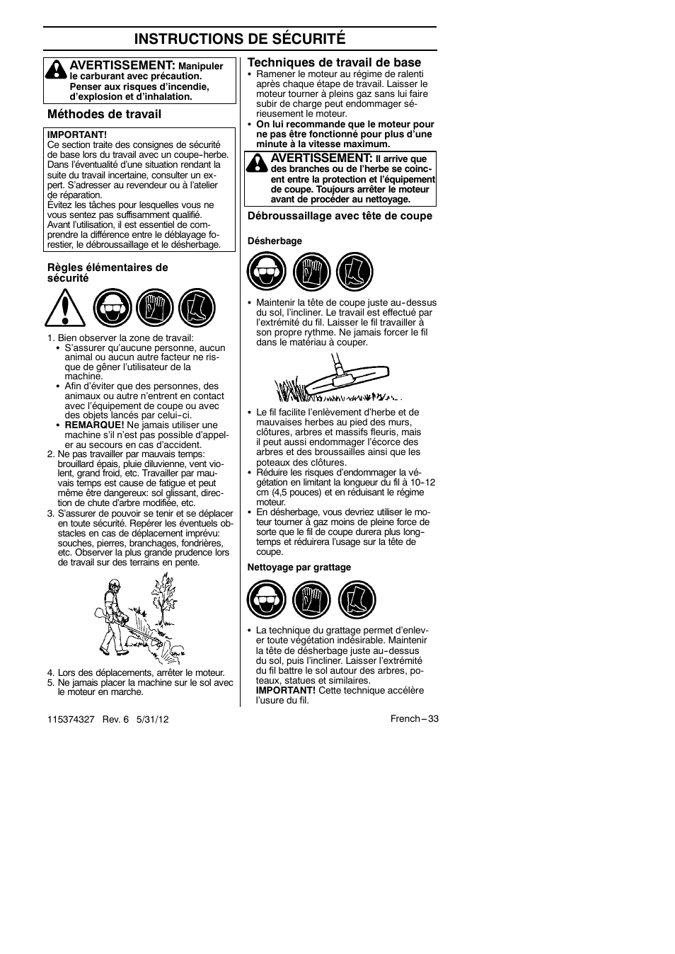 Instructions de sécurité, Méthodes de travail, Avertissement | Techniques de travail de base | Husqvarna 128LD User Manual | Page 32 / 71