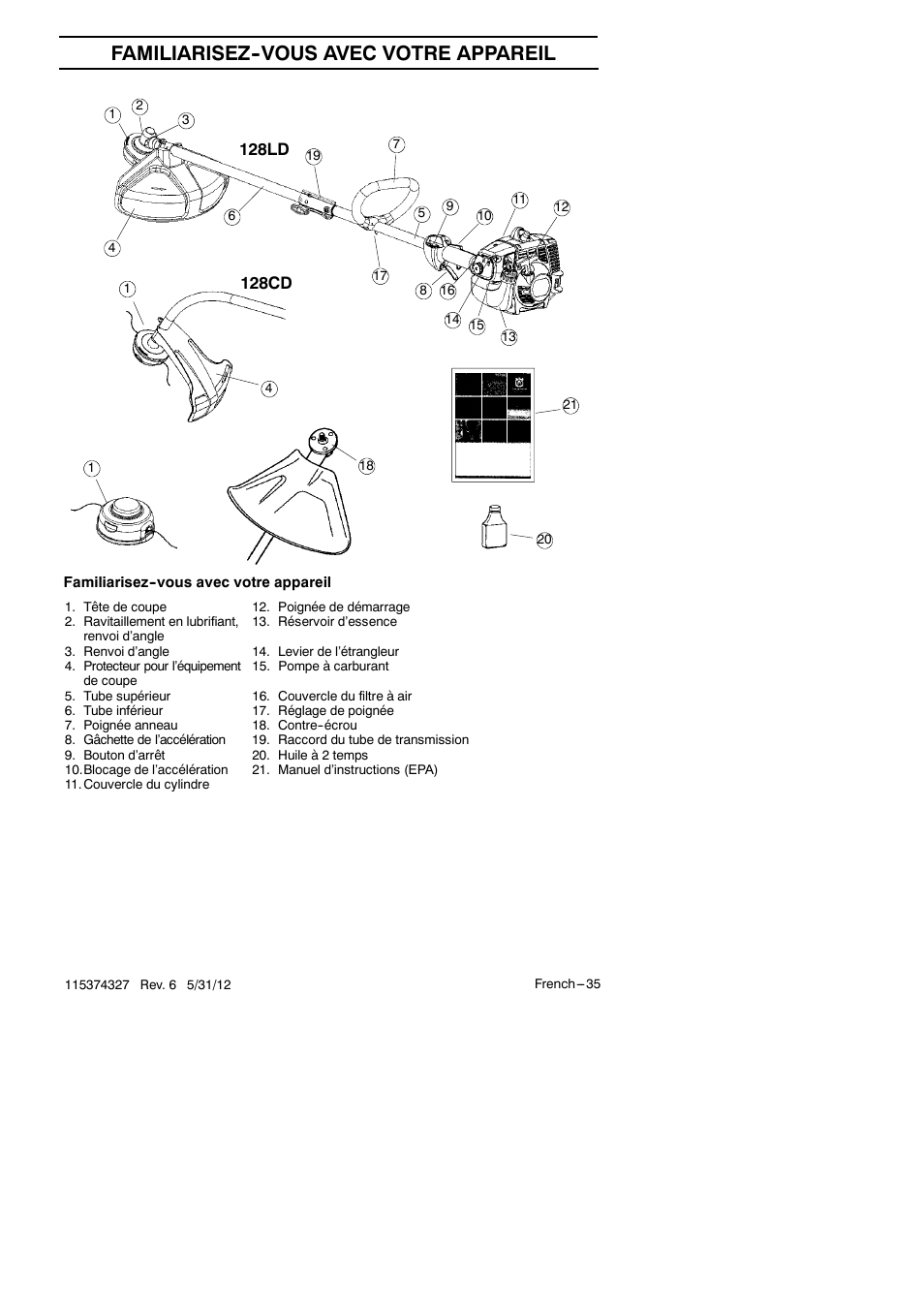 Familiarisez--vous avec votre appareil | Husqvarna 128LD User Manual | Page 34 / 71