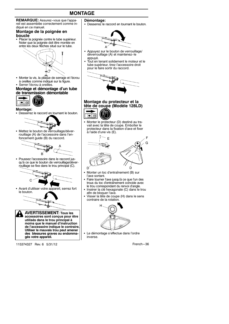 Montage, Montage de la poignée en boucle, Avertissement | Husqvarna 128LD User Manual | Page 35 / 71