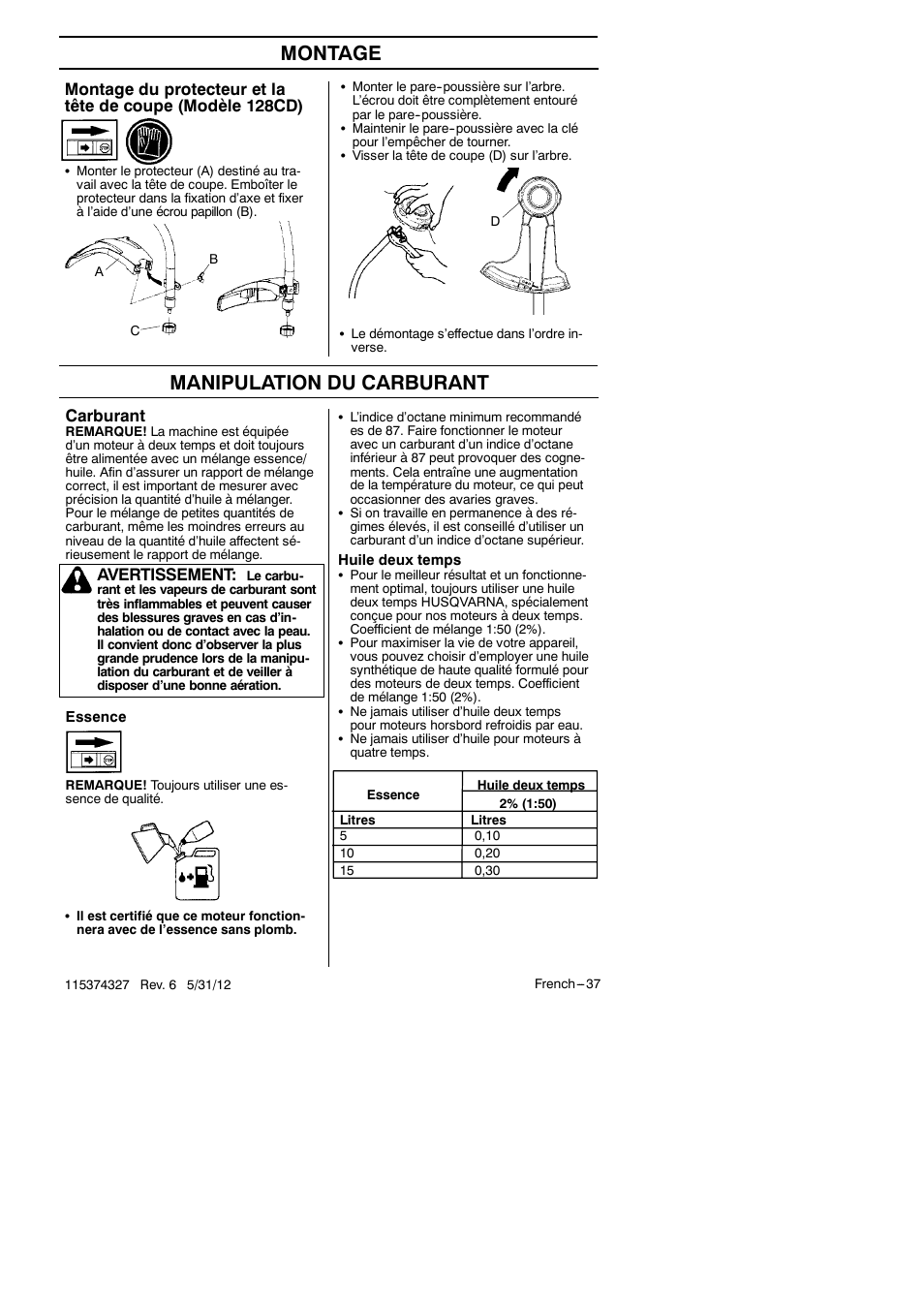 Montage, Manipulation du carburant, Carburant | Avertissement | Husqvarna 128LD User Manual | Page 36 / 71