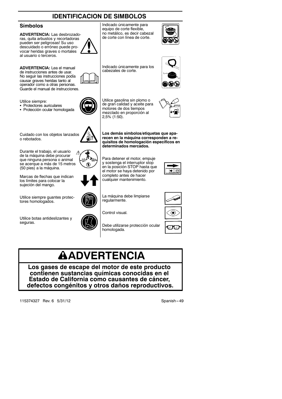 Advertencia, Identificacion de simbolos | Husqvarna 128LD User Manual | Page 49 / 71