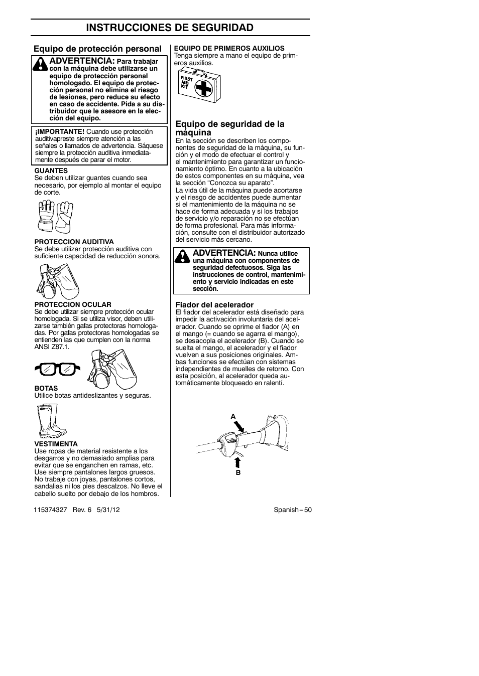 Instrucciones de seguridad, Equipo de protección personal, Equipo de seguridad de la máquina | Advertencia | Husqvarna 128LD User Manual | Page 50 / 71