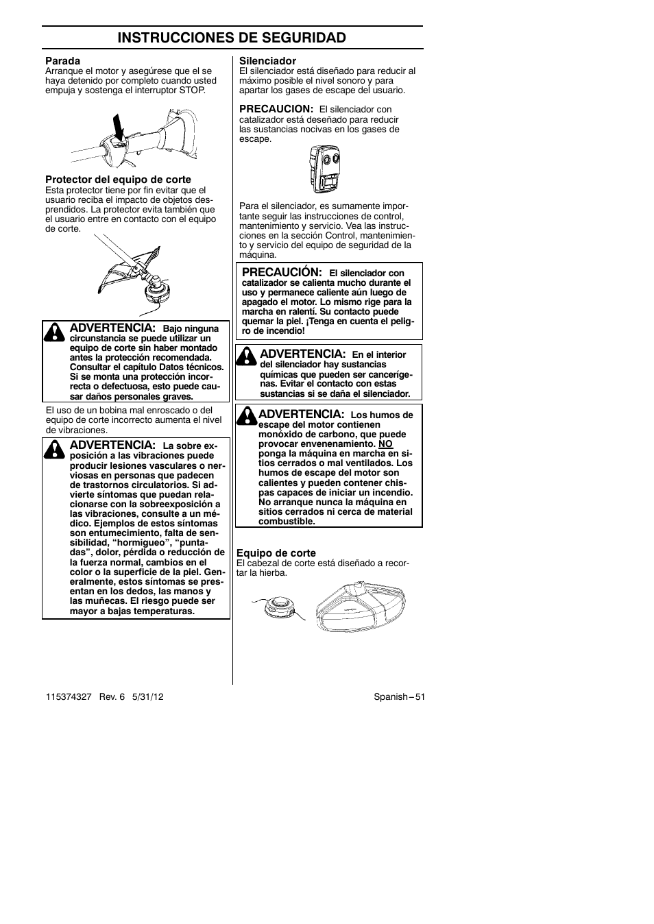 Instrucciones de seguridad, Advertencia, Precaución | Husqvarna 128LD User Manual | Page 51 / 71