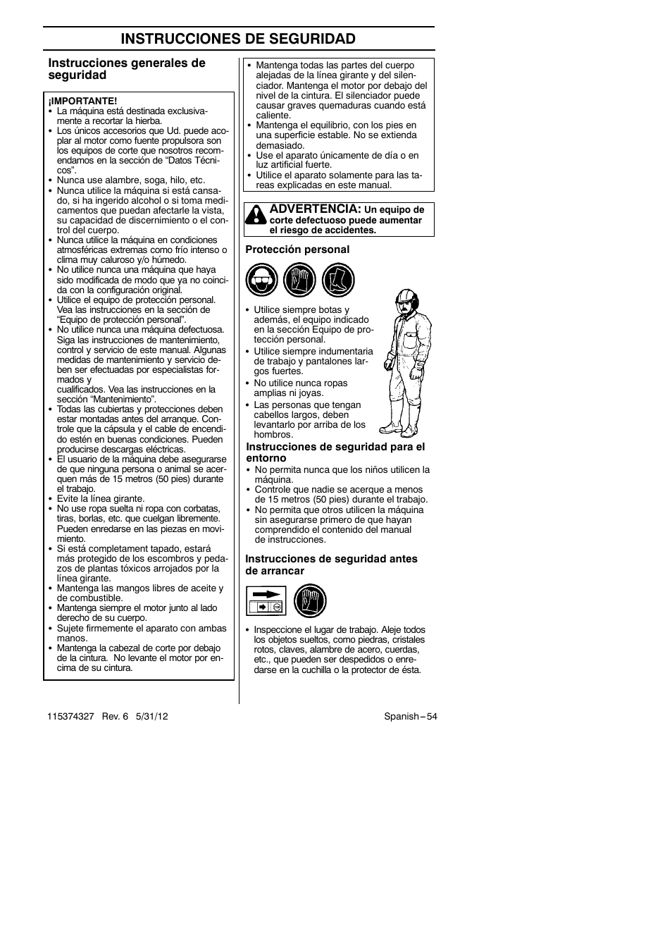 Instrucciones de seguridad, Instrucciones generales de seguridad, Advertencia | Husqvarna 128LD User Manual | Page 54 / 71