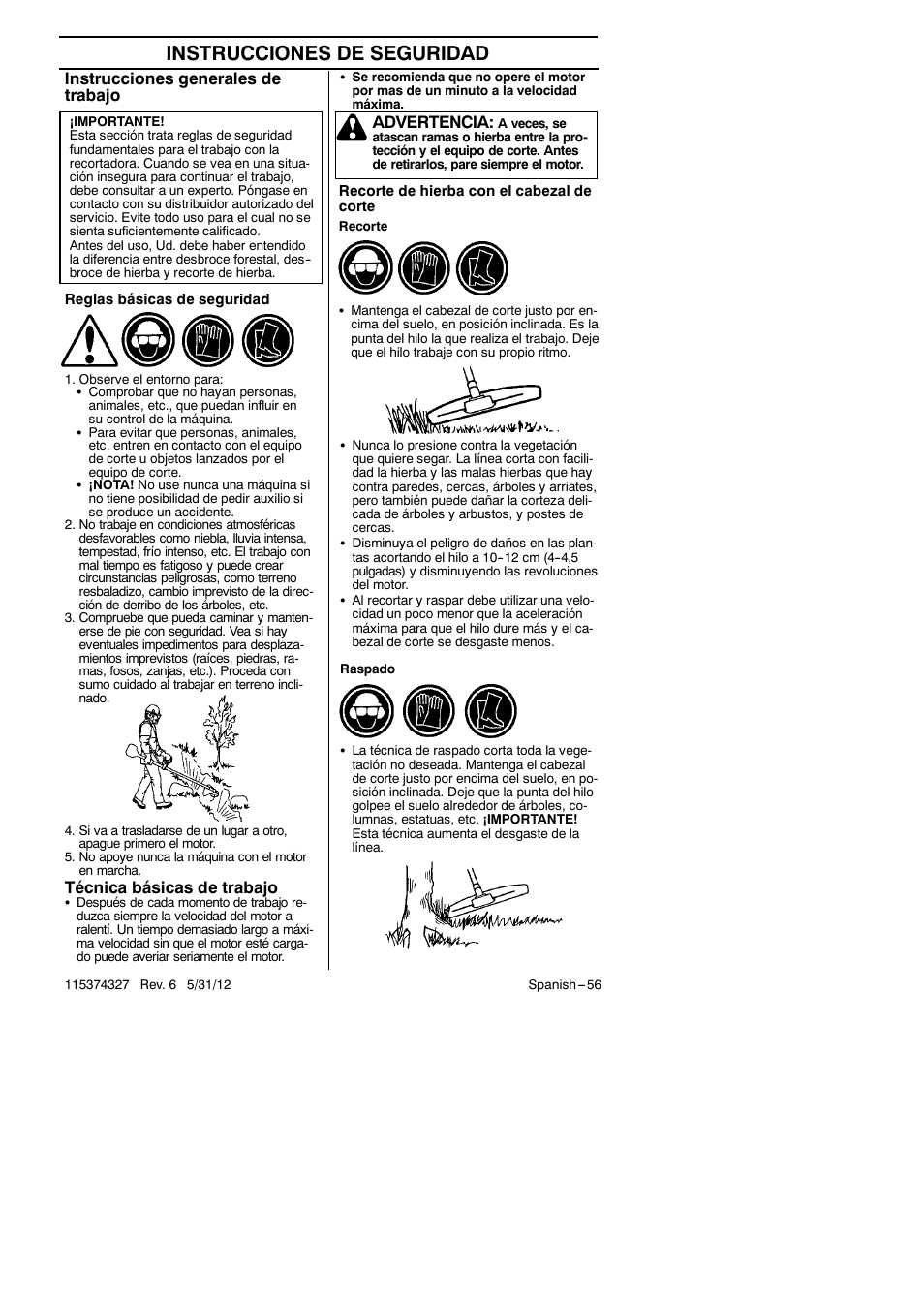 Instrucciones de seguridad, Técnica básicas de trabajo, Advertencia | Instrucciones generales de trabajo | Husqvarna 128LD User Manual | Page 56 / 71