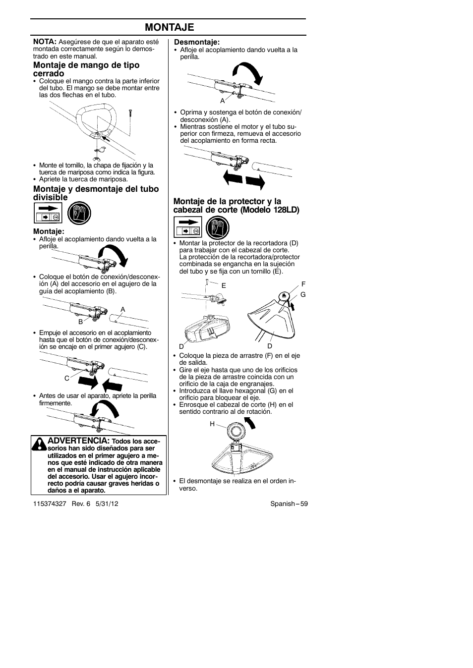 Montaje, Advertencia, Montaje y desmontaje del tubo divisible | Montaje de mango de tipo cerrado | Husqvarna 128LD User Manual | Page 59 / 71