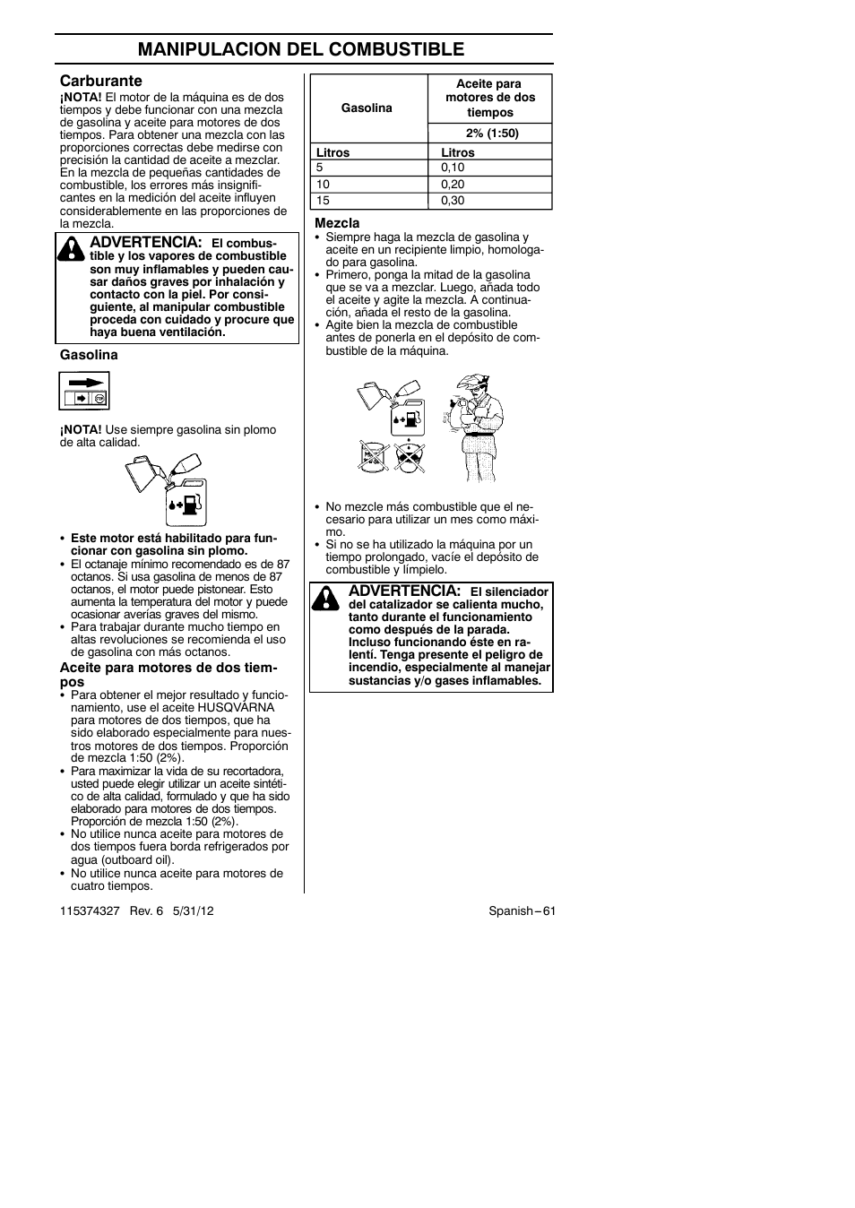 Manipulacion del combustible, Carburante, Advertencia | Husqvarna 128LD User Manual | Page 61 / 71
