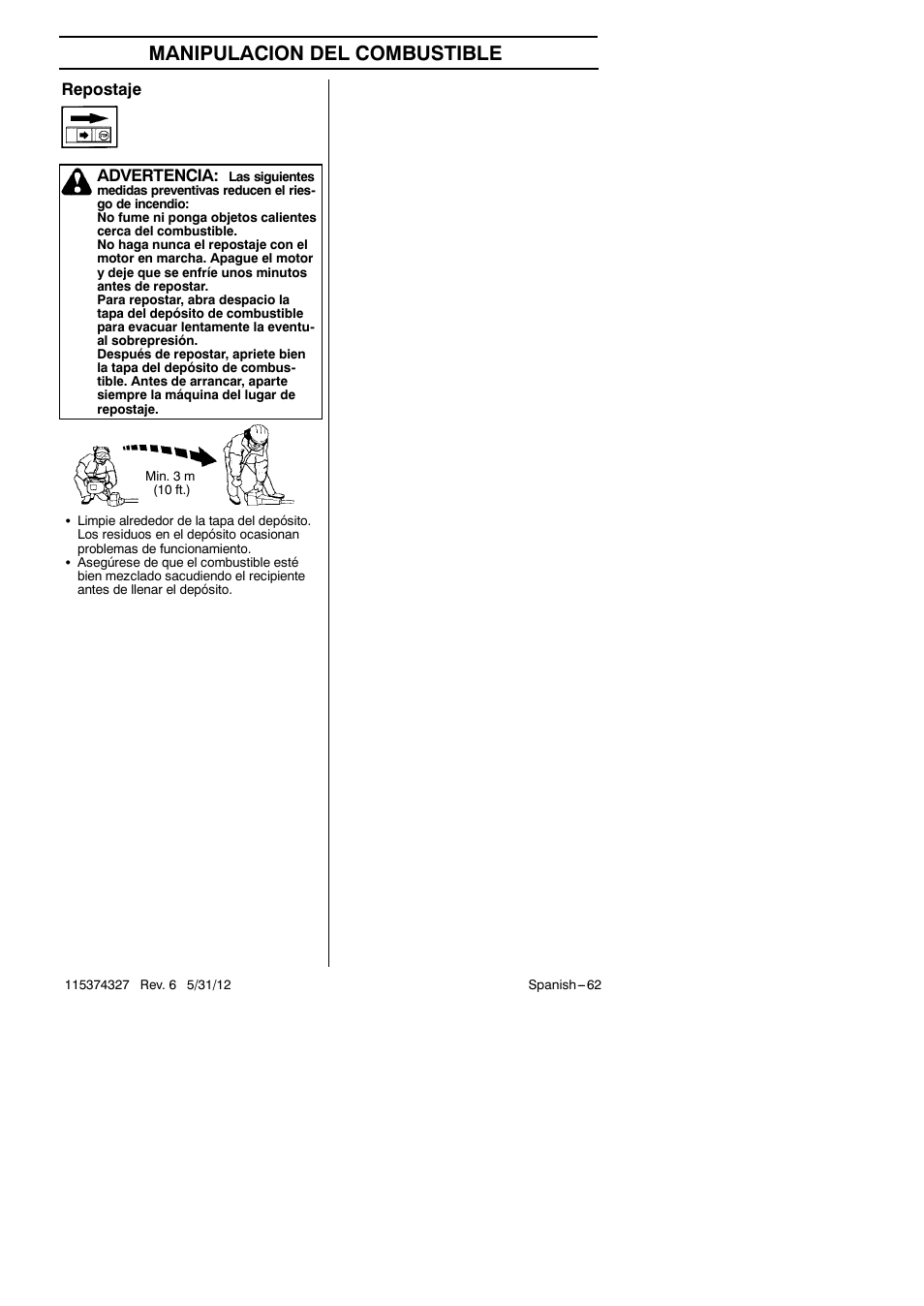 Manipulacion del combustible, Advertencia, Repostaje | Husqvarna 128LD User Manual | Page 62 / 71