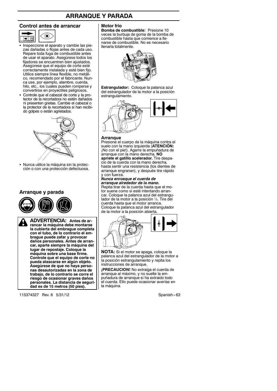 Arranque y parada, Control antes de arrancar, Arranque y parada advertencia | Husqvarna 128LD User Manual | Page 63 / 71