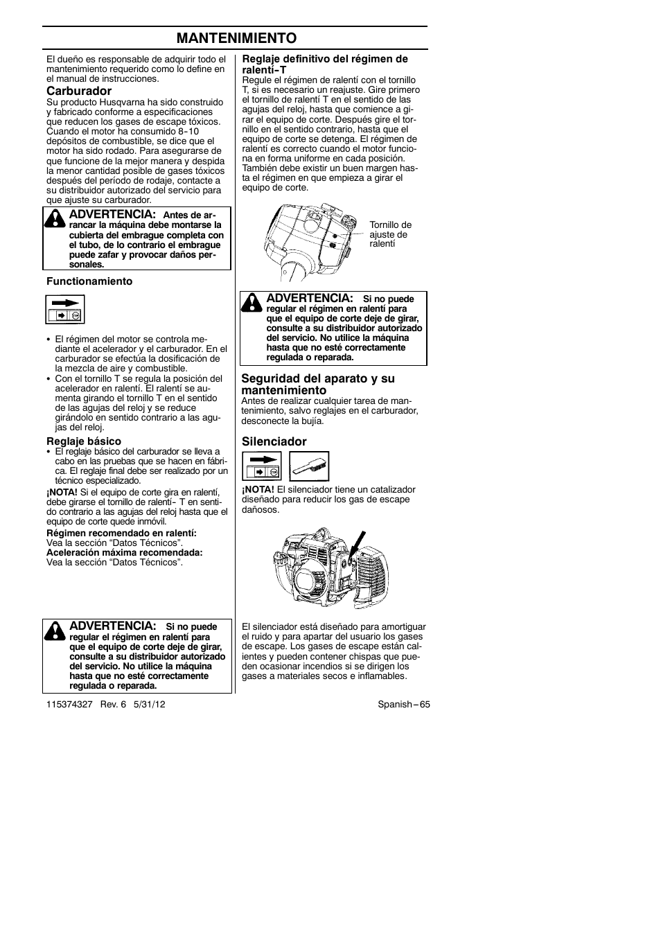 Mantenimiento, Carburador, Advertencia | Seguridad del aparato y su mantenimiento, Silenciador | Husqvarna 128LD User Manual | Page 65 / 71