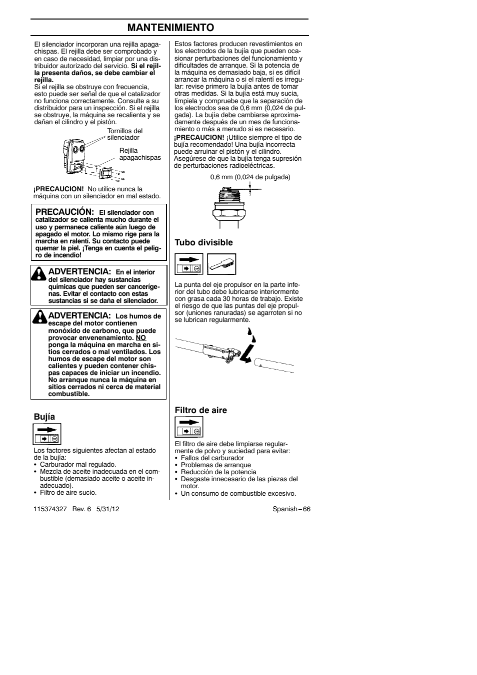 Mantenimiento, Tubo divisible, Bujía | Filtro de aire, Advertencia, Precaución | Husqvarna 128LD User Manual | Page 66 / 71