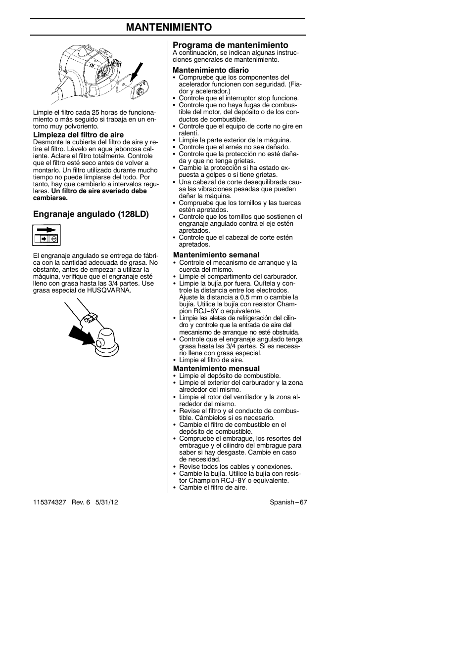 Mantenimiento, Engranaje angulado (128ld), Programa de mantenimiento | Husqvarna 128LD User Manual | Page 67 / 71