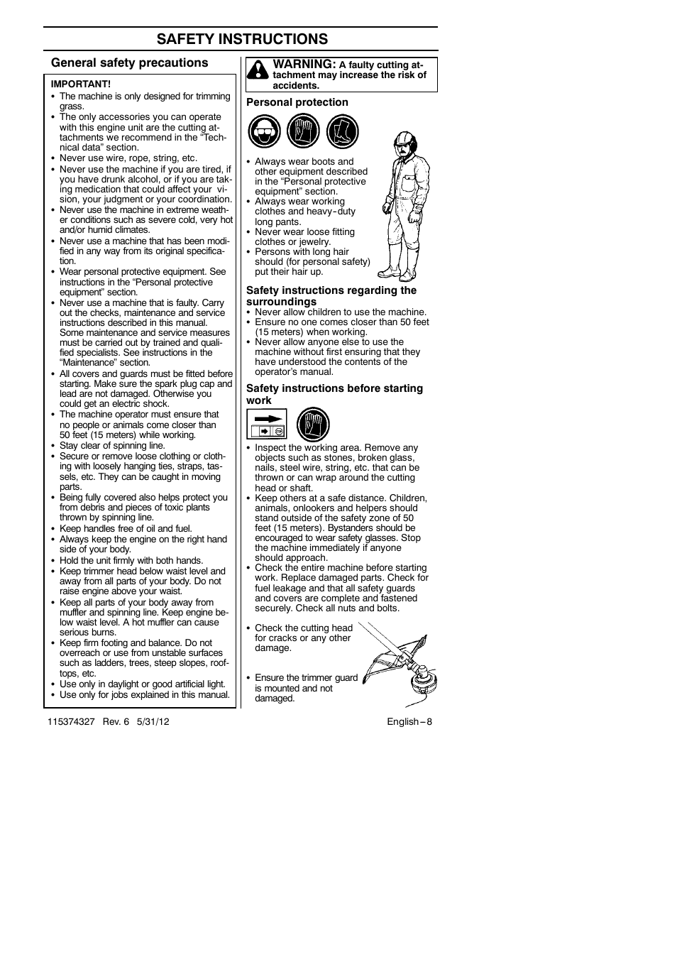 Safety instructions, General safety precautions, Warning | Husqvarna 128LD User Manual | Page 8 / 71