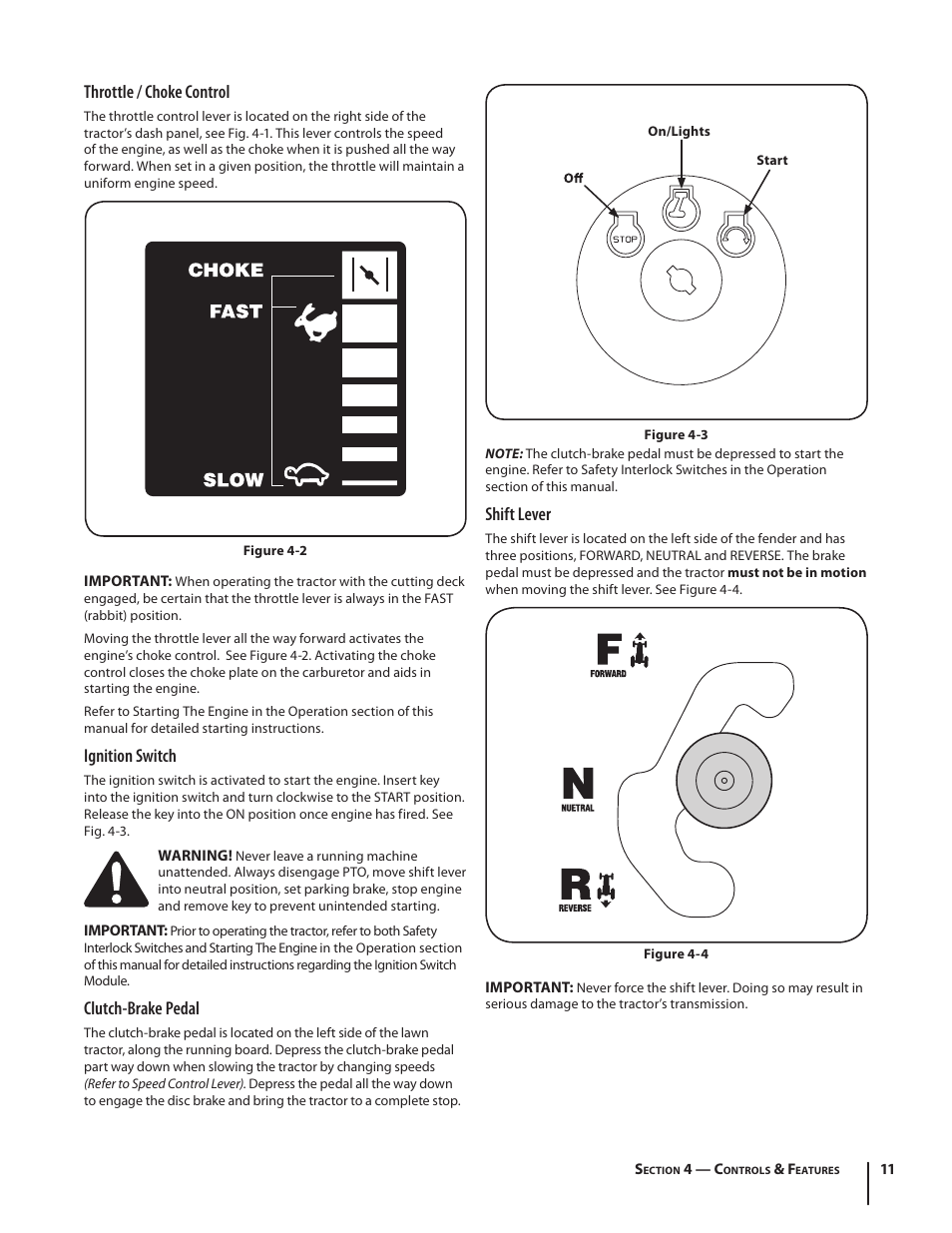 Throttle / choke control, Ignition switch, Clutch-brake pedal | Shift lever | Troy-Bilt Pony User Manual | Page 11 / 56