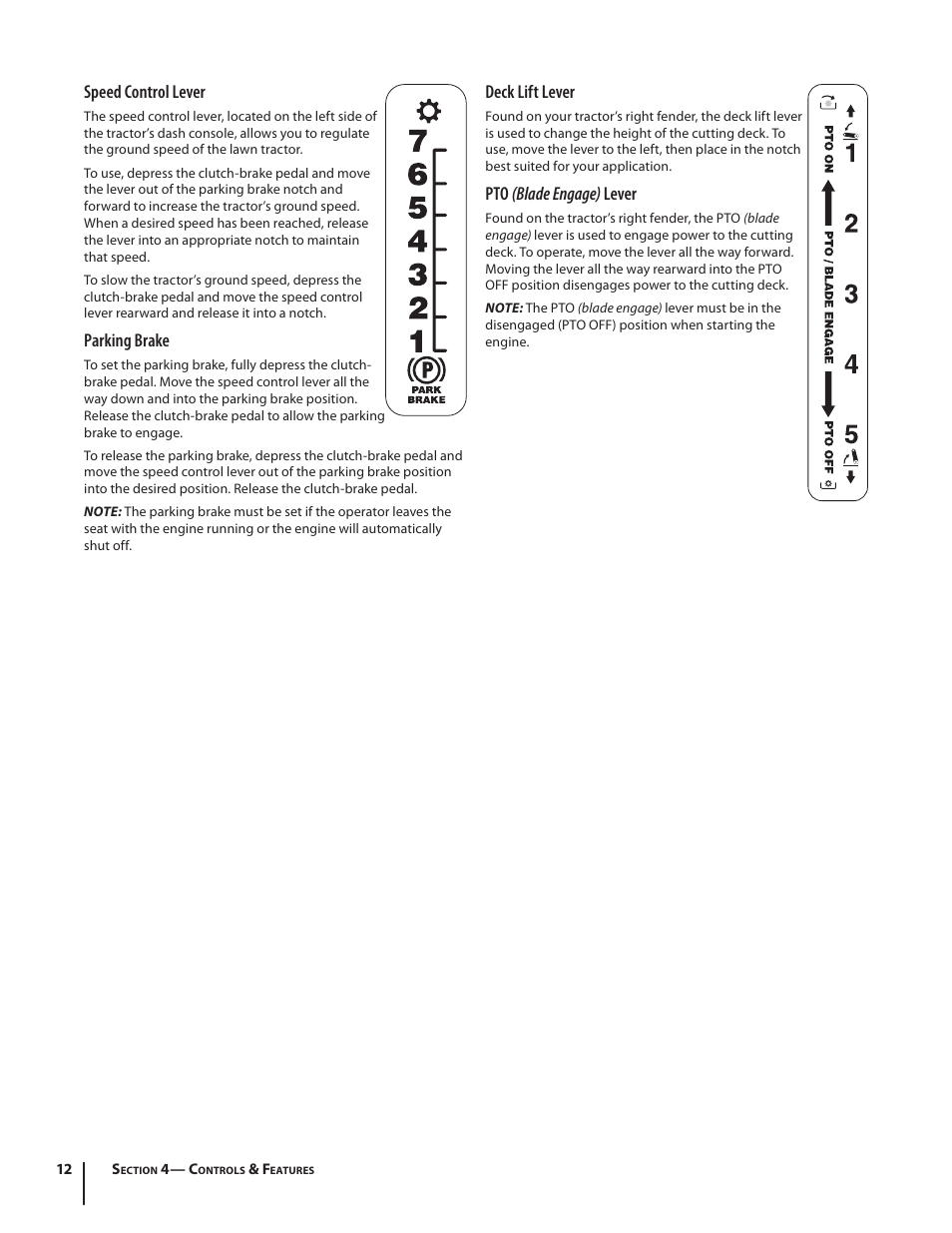 Speed control lever, Parking brake, Deck lift lever | Pto (blade engage) lever | Troy-Bilt Pony User Manual | Page 12 / 56