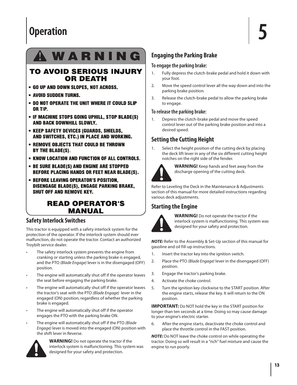 Operation | Troy-Bilt Pony User Manual | Page 13 / 56