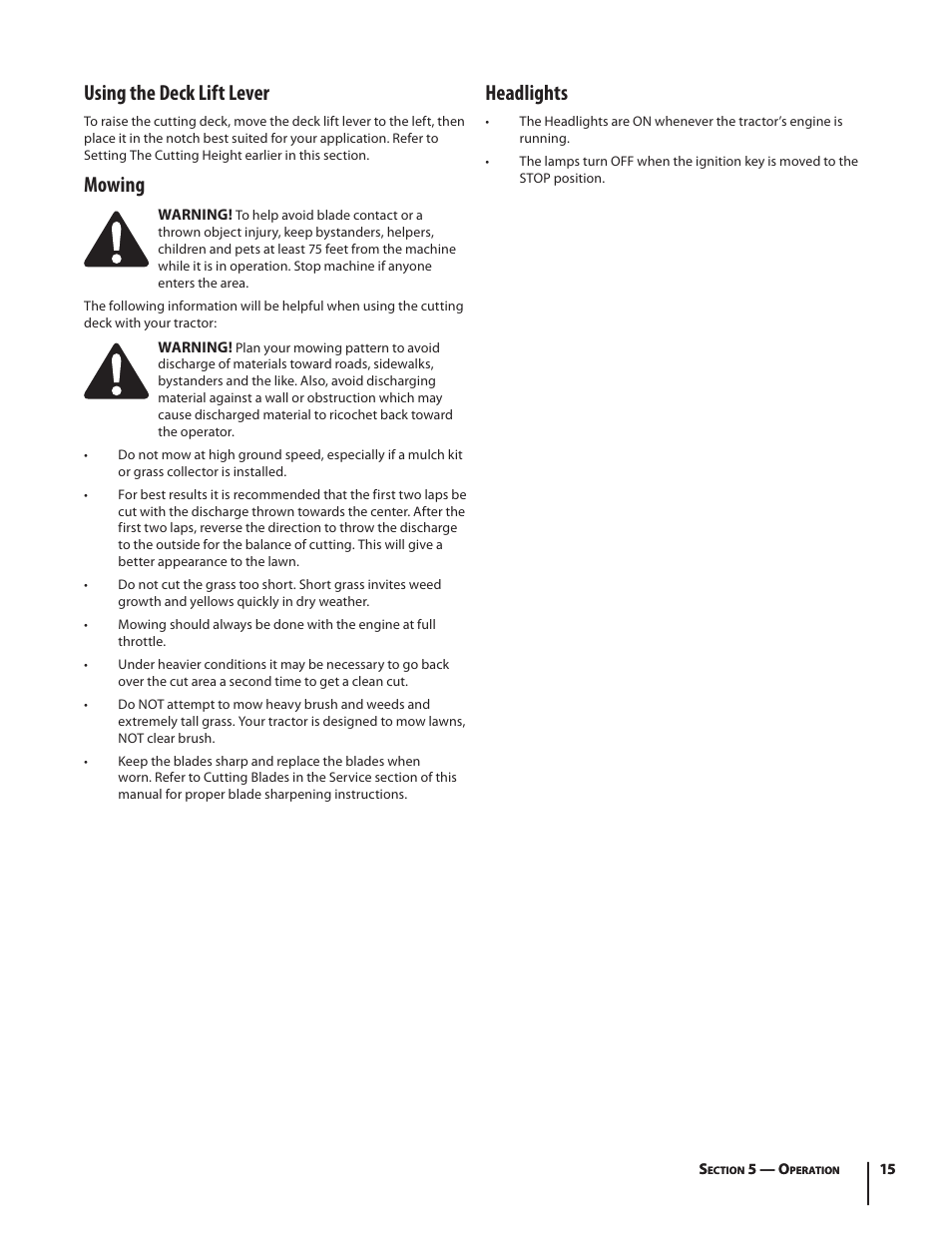 Using the deck lift lever, Mowing, Headlights | Troy-Bilt Pony User Manual | Page 15 / 56