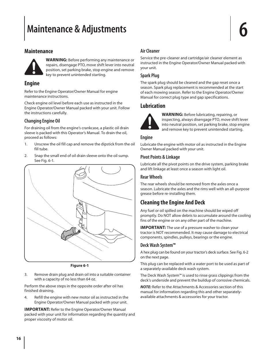 Maintenance & adjustments, Maintenance, Engine | Lubrication, Cleaning the engine and deck | Troy-Bilt Pony User Manual | Page 16 / 56