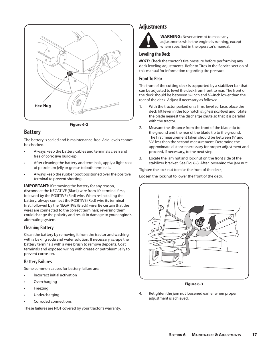 Battery, Adjustments | Troy-Bilt Pony User Manual | Page 17 / 56