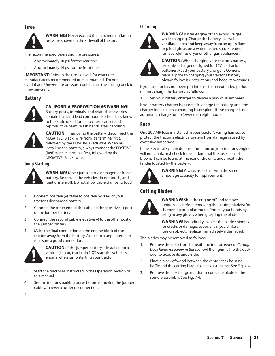 Tires, Battery, Fuse | Cutting blades, Jump starting, Charging | Troy-Bilt Pony User Manual | Page 21 / 56