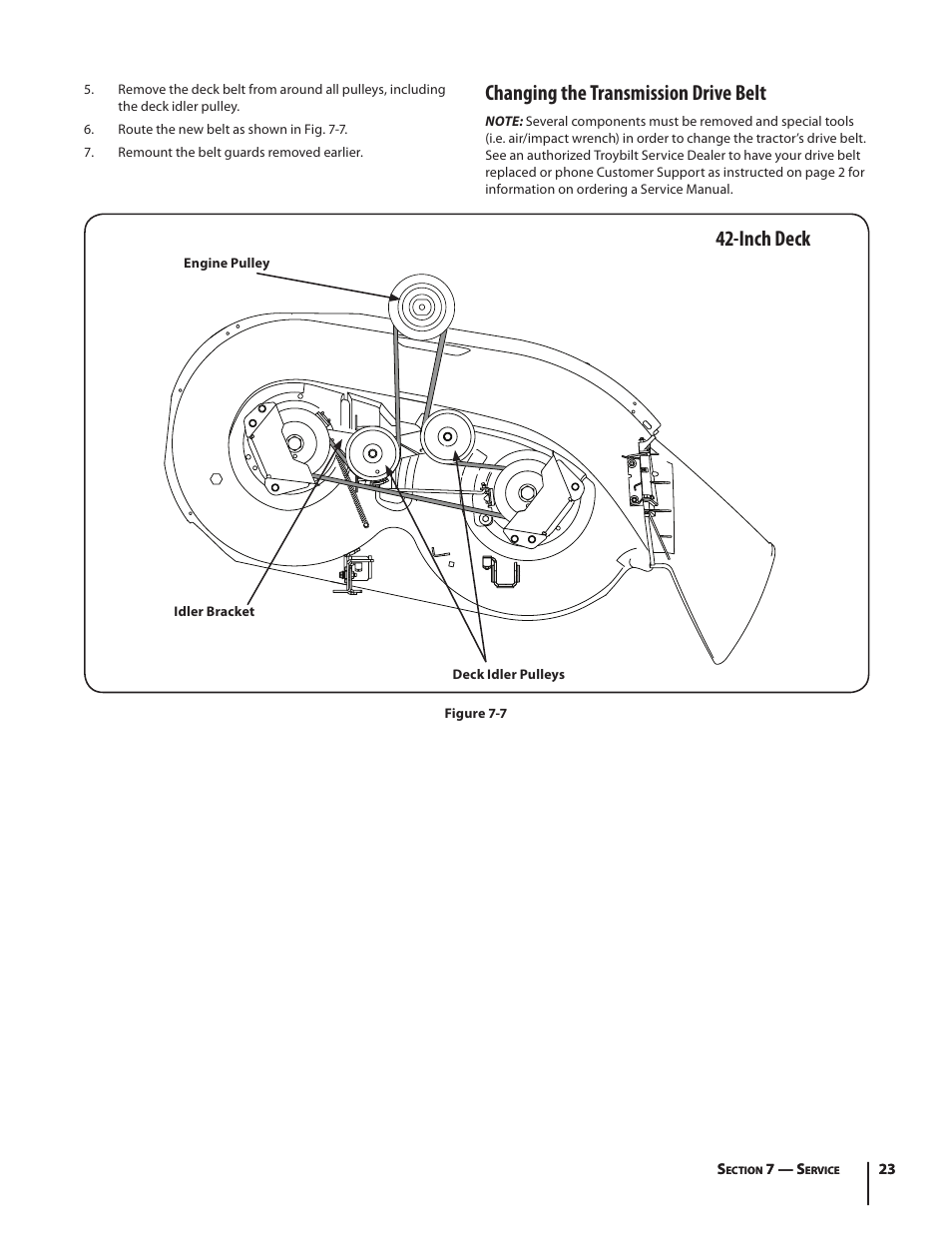 Inch deck changing the transmission drive belt | Troy-Bilt Pony User Manual | Page 23 / 56
