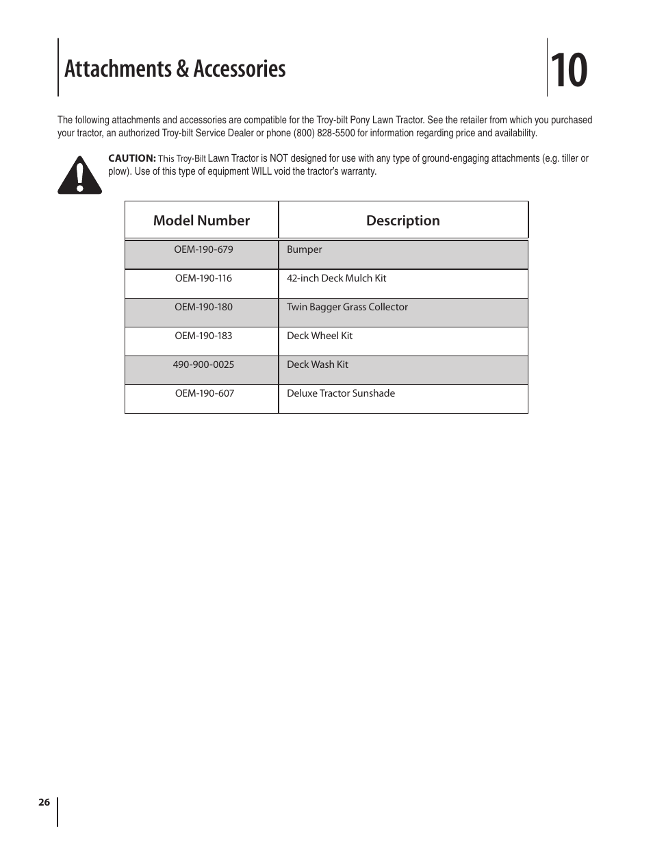 Attachments & accessories | Troy-Bilt Pony User Manual | Page 26 / 56