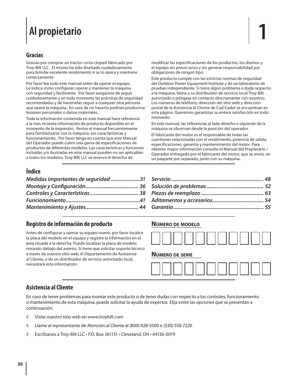 Al propietario, Asistencia al cliente, Gracias registro de información de producto | Índice | Troy-Bilt Pony User Manual | Page 30 / 56