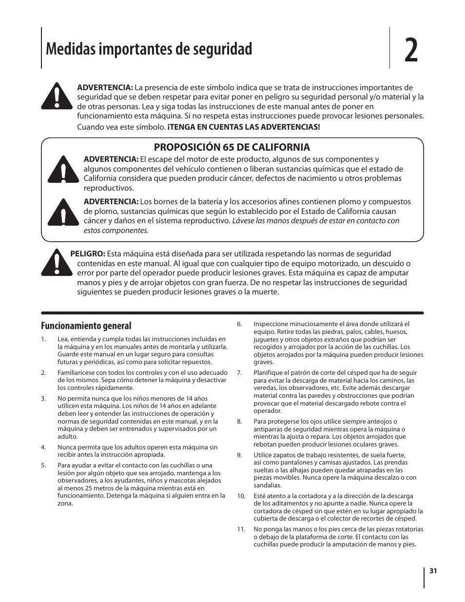 Medidas importantes de seguridad, Funcionamiento general, Proposición 65 de california | Troy-Bilt Pony User Manual | Page 31 / 56