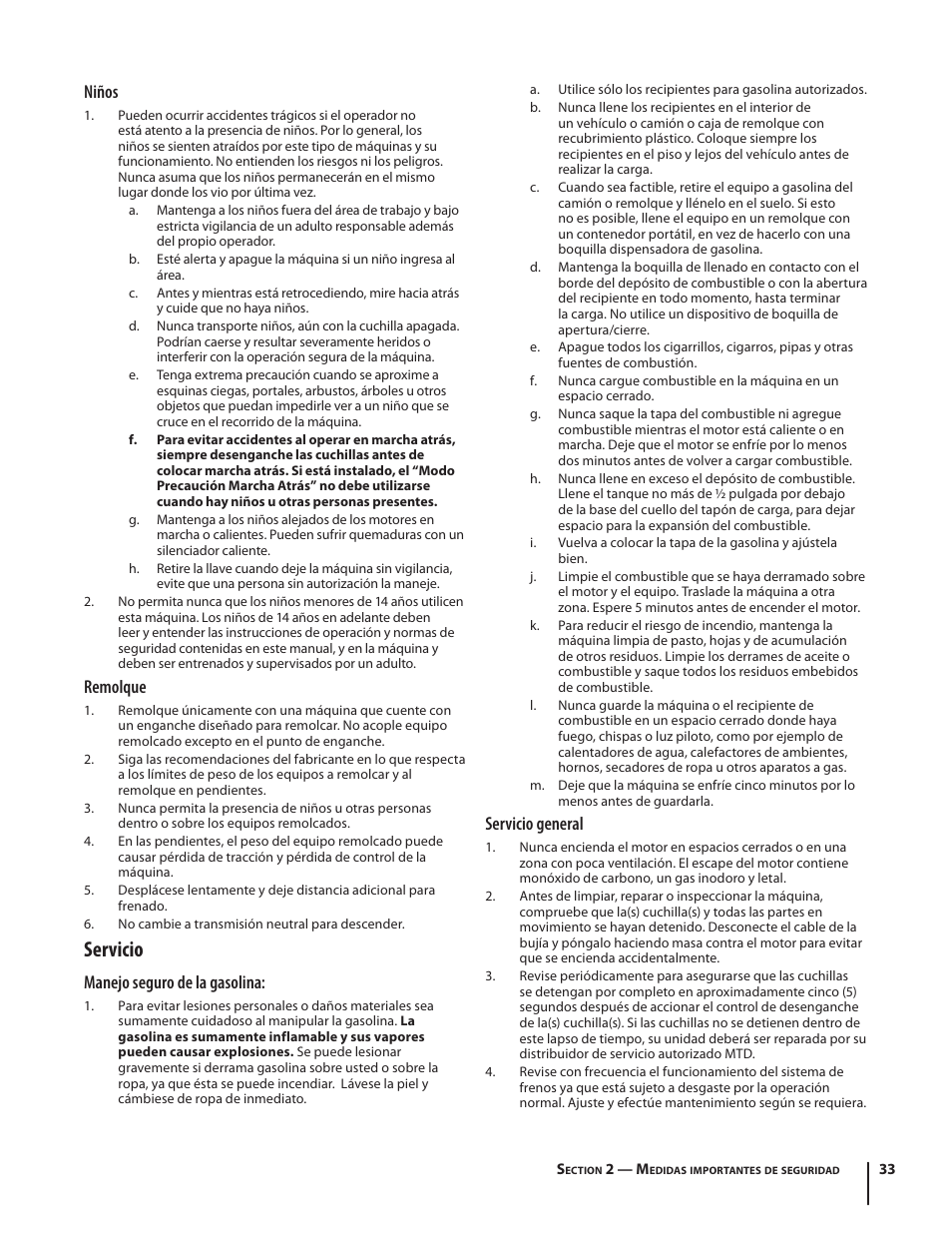 Servicio, Niños, Remolque | Manejo seguro de la gasolina, Servicio general | Troy-Bilt Pony User Manual | Page 33 / 56